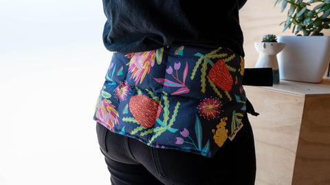 back wrap worn around the hips, shows how the pack sits across your lower back and glutes, with the velcro strap across the front. Image is for demonstrative purposes only and the design is different to the item listing